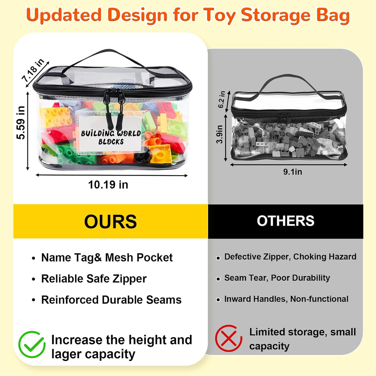 6 Pack Clear Toy Storage Bag with Name Tag& Manual Pocket, Waterproof Transparent PVC Toy Organizer Case for Lego Bricks, Board Games, Building Blocks, Puzzles (Large Capacity, Black)