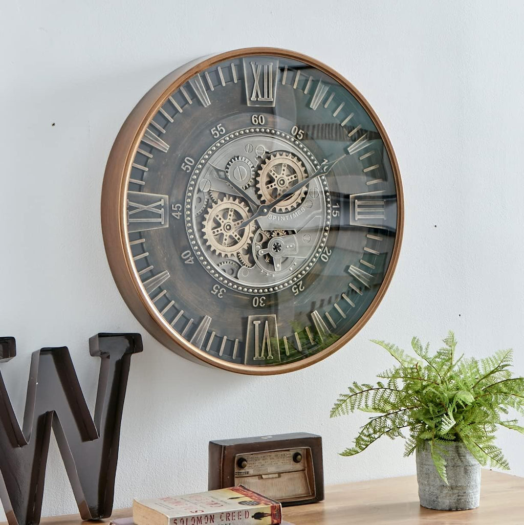 CLXEAST 24 Inch Large Wall Clock with Moving Gears, Antique Gold