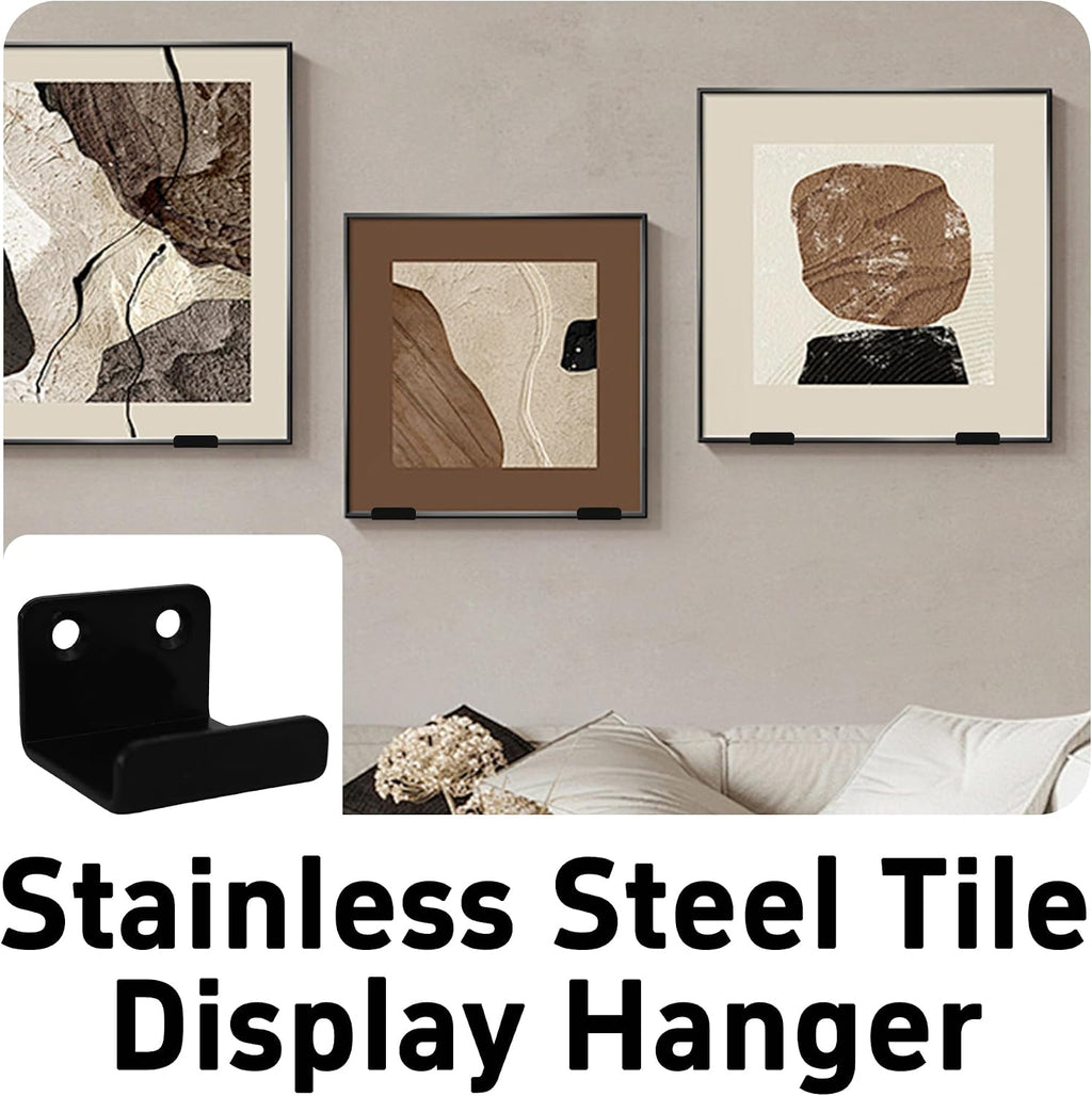 12Pcs Black Tile Display Wall Hanger, Stainless Steel Billboard Mounting Brackets, Heavy Duty Wall-Mounted Tile Hooks for Ceramics, Mirrors, Picture Frames (35x23x30mm)