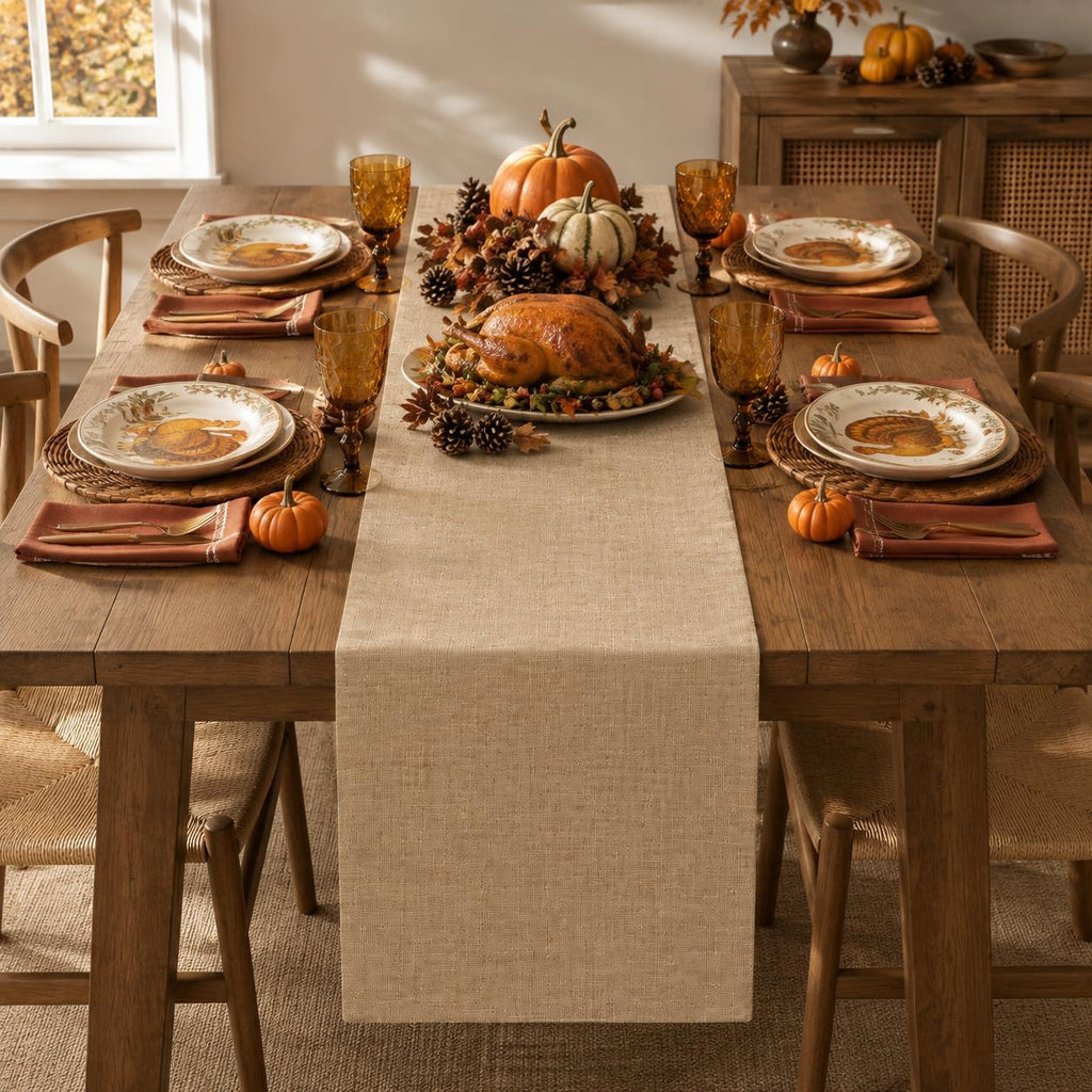 Beige Faux Linen Table Runner Waterproof Elegant Modern Table Decor 72inch