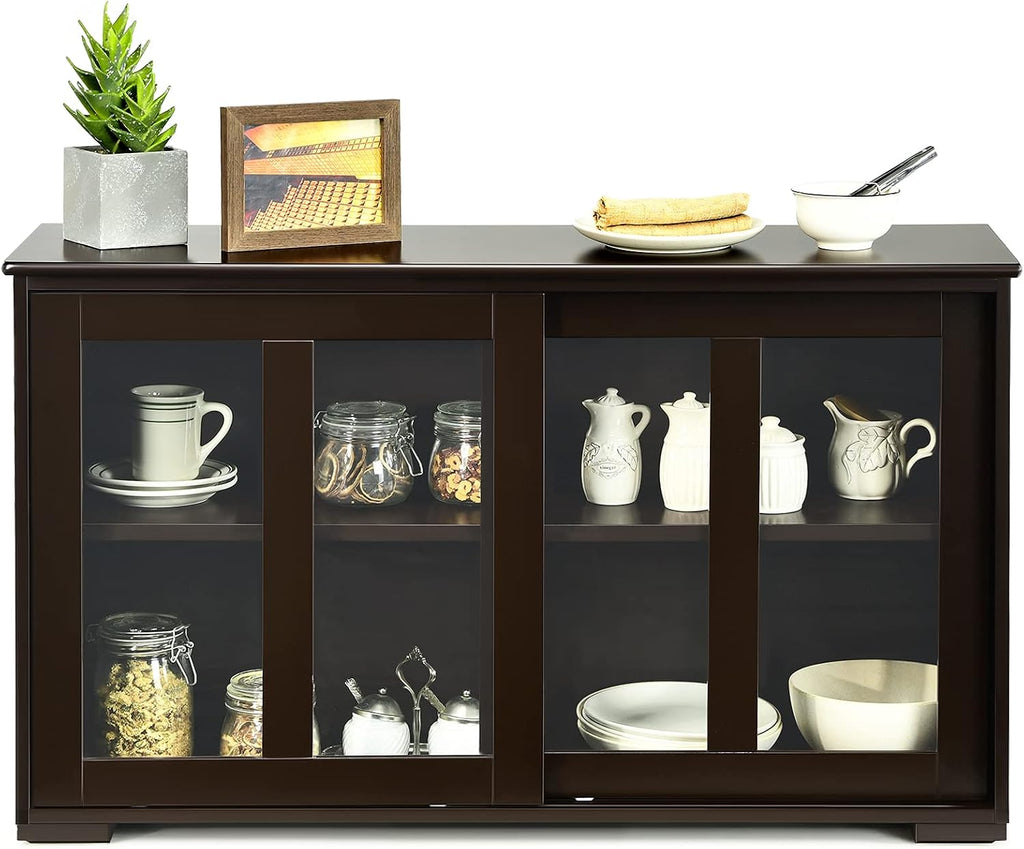 Byroce Sideboard Buffet Cabinet, Stackable Storage Coffee Bar Cabinet with Adjustable Shelf & Glass Sliding Doors, Wood Cupboard Credenza Console Table for Kitchen Dining Living Room (1, Coffee)