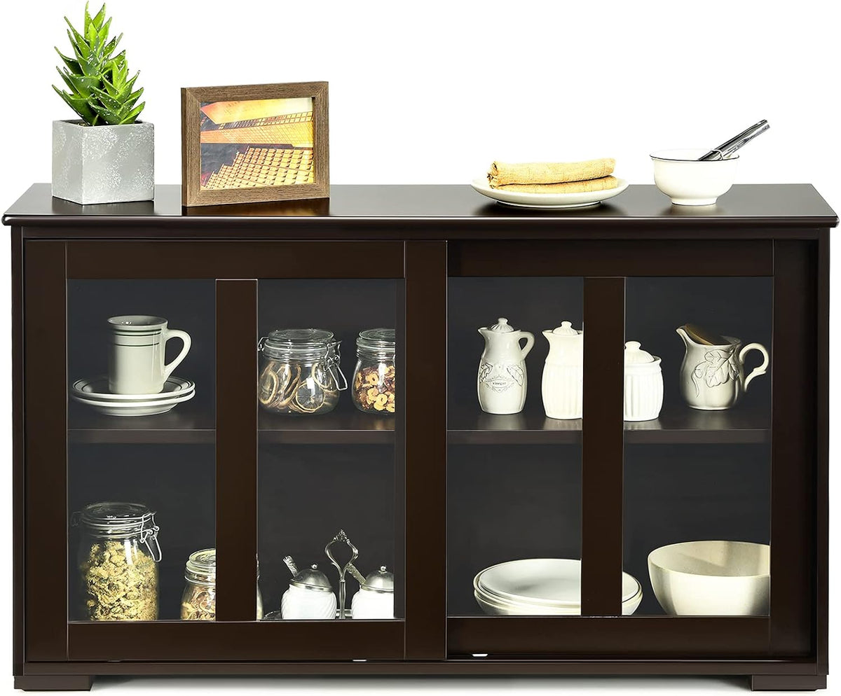 Byroce Sideboard Buffet Cabinet, Stackable Storage Coffee Bar Cabinet with Adjustable Shelf & Glass Sliding Doors, Wood Cupboard Credenza Console Table for Kitchen Dining Living Room (1, Coffee)