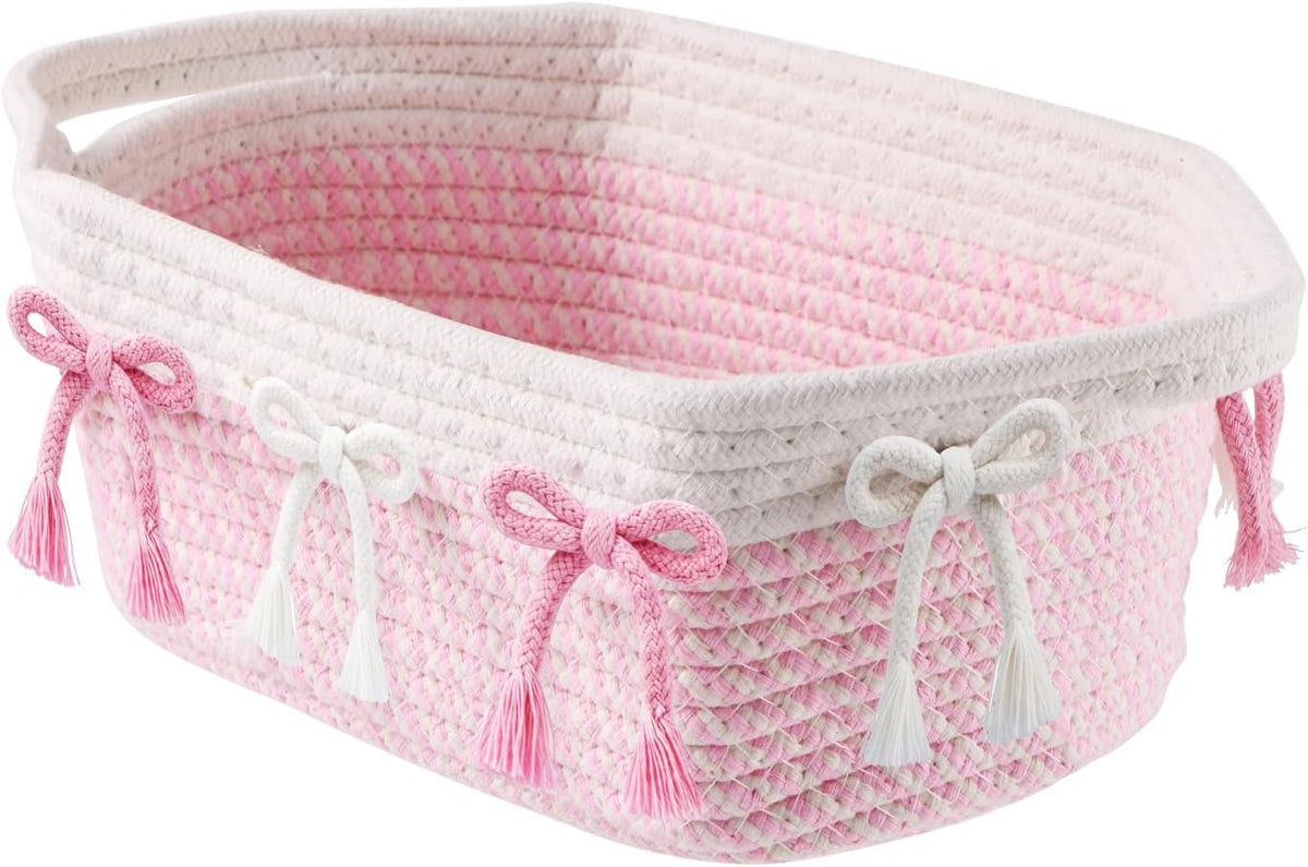 2PC Blue Bow Baskets for Gift Cute Coquette Woven Rope Storage Basket with Handle Laundry Hamper Storage Bins for Home Decor Organization Nursery Baby Shower, 11.8''x7.8''x4.7''