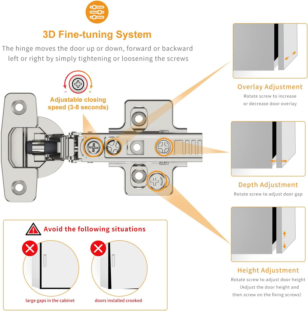 10 Pack Frameless Full Overlay Soft Close Concealed European Hinges, Self Closing Satin Nickel, 105 ° Open Angle 4D Adjustment, Speed Control, Clip On, Stainless Steel for Cabinet Door