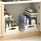 2 Pack Under Sink Organizer, 2-Tier Pull Out Kitchen Cabinet Organizer, Height Adjustable Metal Slide Out Bathroom Organizers and Storage Makeup Drawer Organizer for Office Bedroom(A-White, 2Pack)