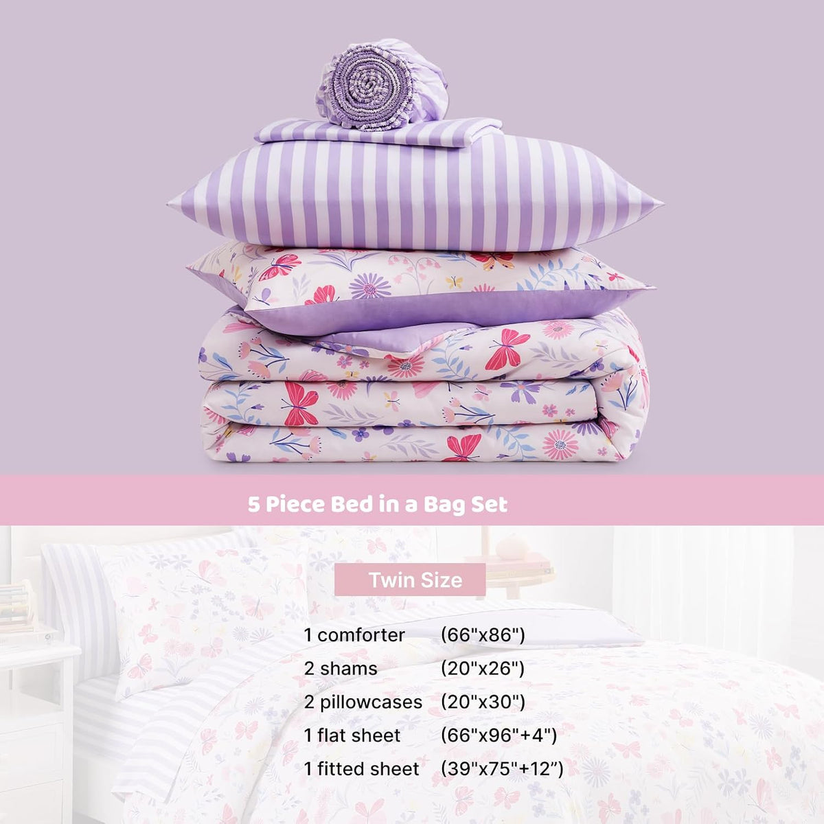 Twin Comforter Set with Sheets for Girls-5 Pieces Twin Bedding Sets Printed