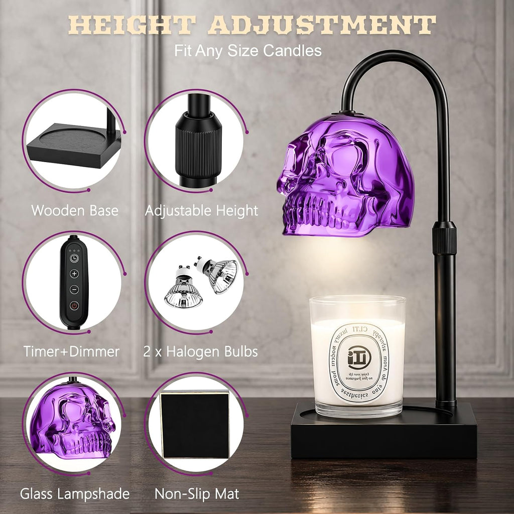 Skull Candle Warmer Lamp with Timer & Dimmer, Gothic Skull Wax Warmer Lamp for Jar Candles, Adjustable Height Skeleton Candle Light Warmer with 2 Bulbs, Spooky Goth Home Decor Gifts (Purple, 1pack)
