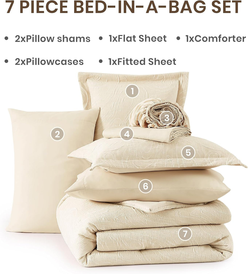 Monbix Queen Comforter Set 7 Pieces Birch Marble Bed in a Bag