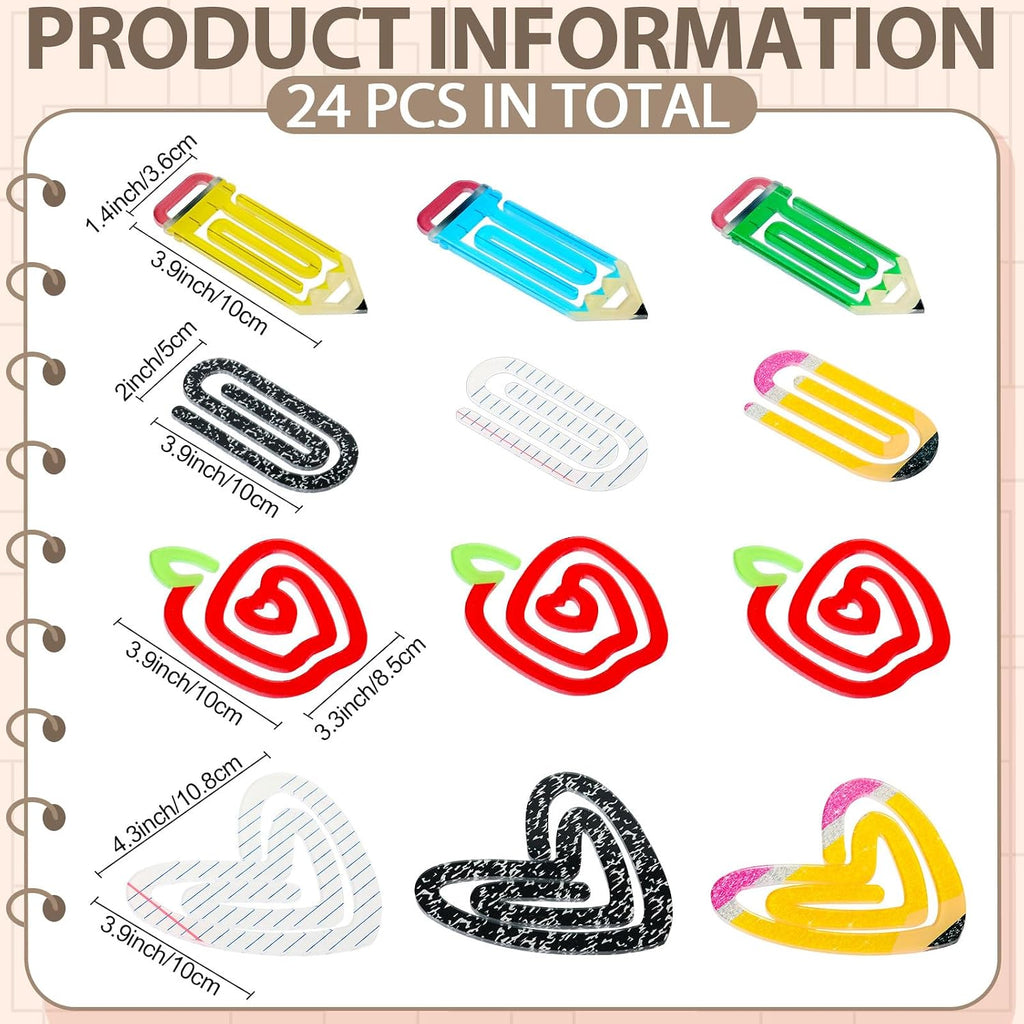 24 Pcs Back to School Jumbo Acrylic Paper Clips, 4 Inch