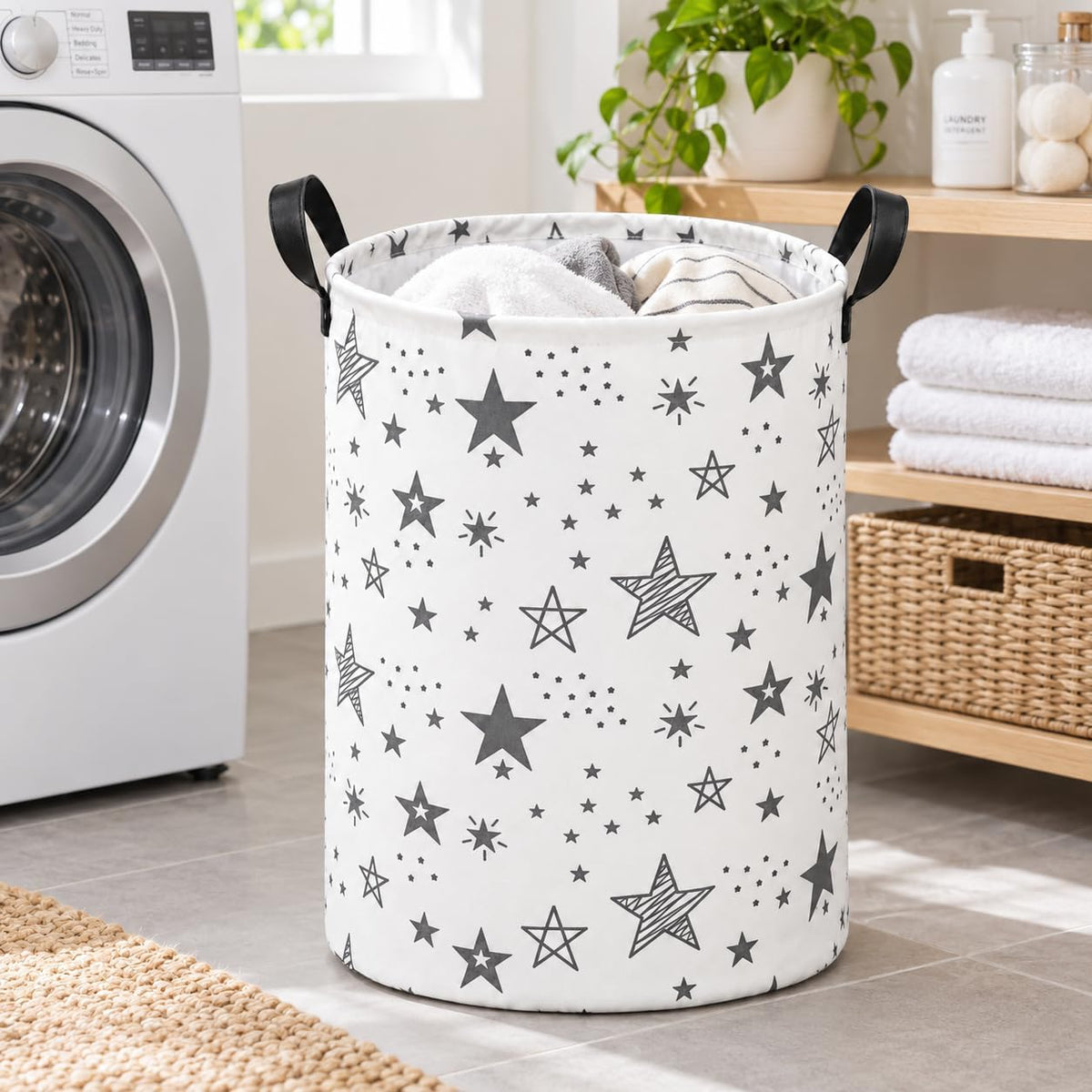 Collapsible Kids Laundry Basket Clothes Hamper, Foldable Storage Organizer Bin, Toy Clothes Storage with Handles for Boys Girls Bedroom, Room Decor Grey Star