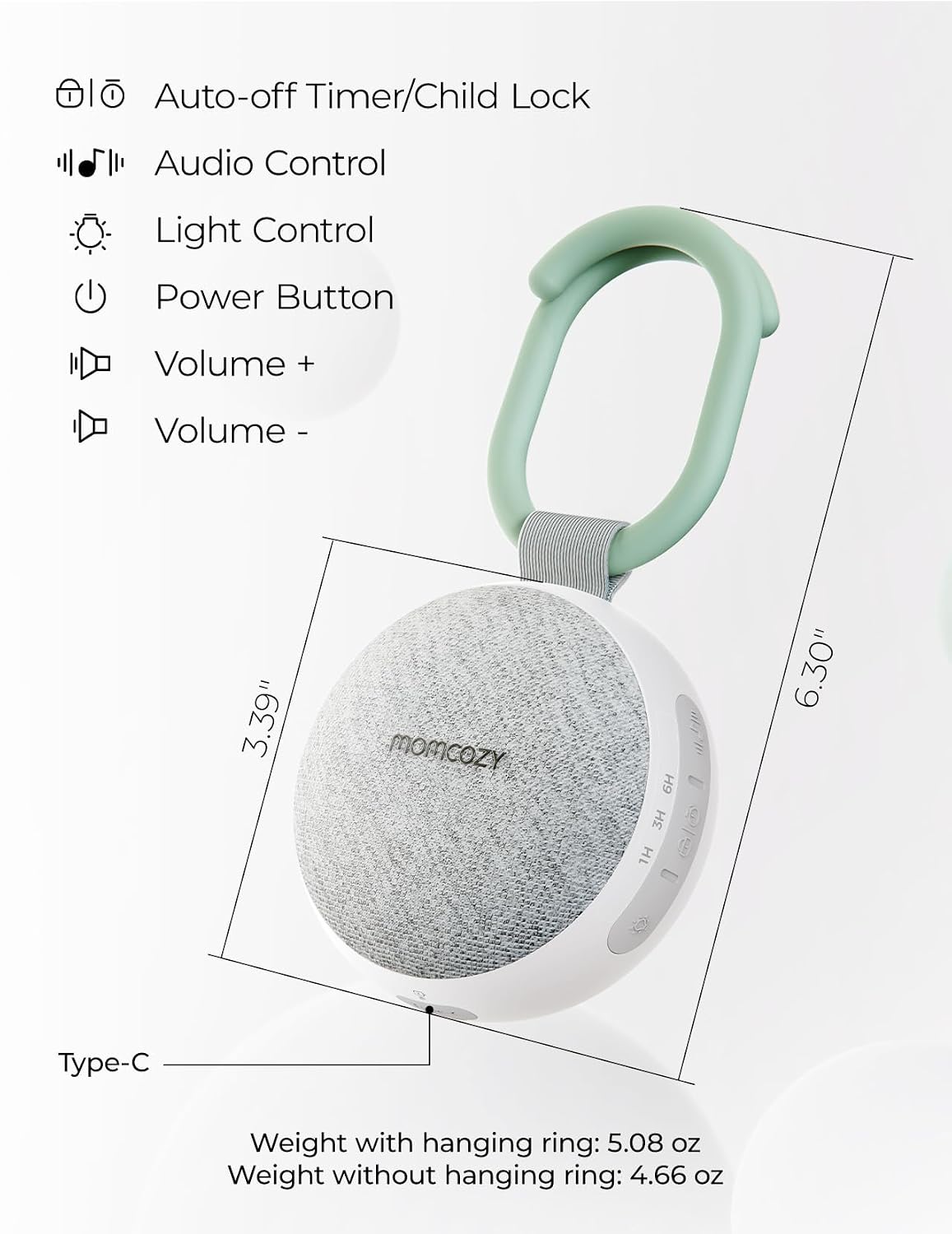 Momcozy Portable Sound Machine with Night Light, White Noise Sound Machine for Baby, 20 Soothing Sounds, Sound Therapy, Long-Lasting Power, Timer, Clips on Stroller, Grey