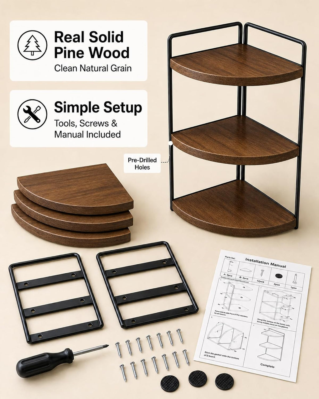 3-Tier Corner Bathroom Counter Organizer, Pine Vanity Shelf, Warm Walnut