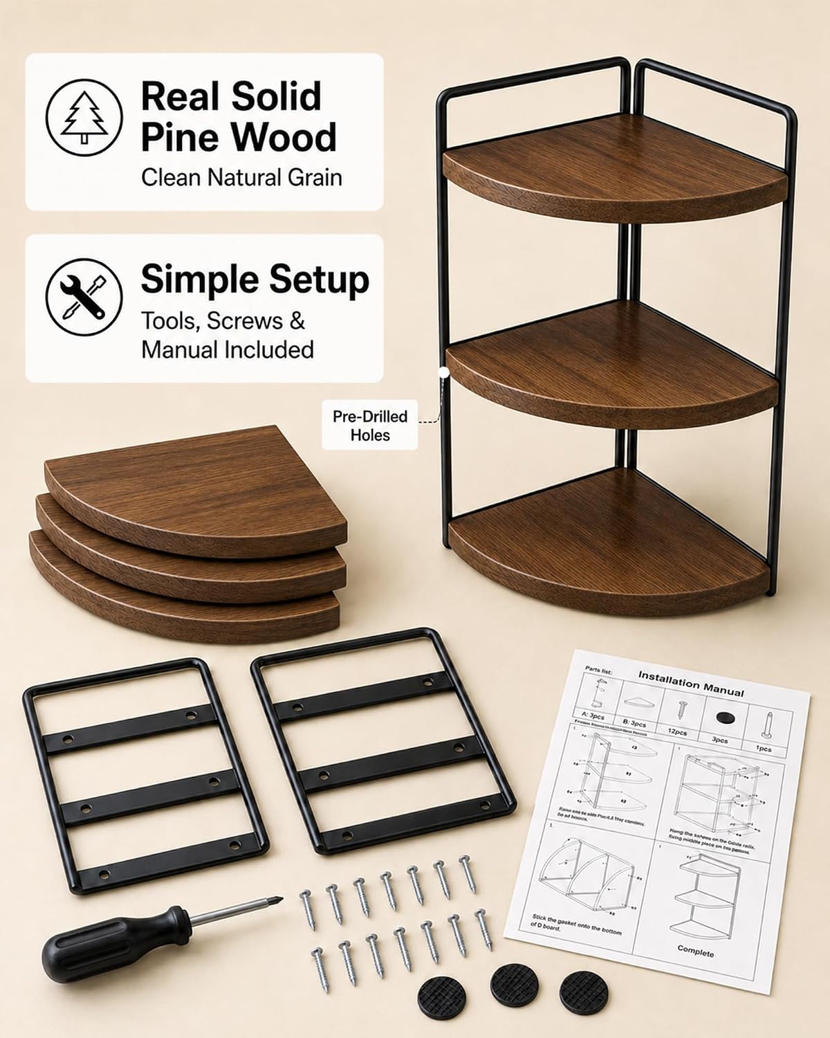 3-Tier Corner Bathroom Counter Organizer, Pine Vanity Shelf, Warm Walnut