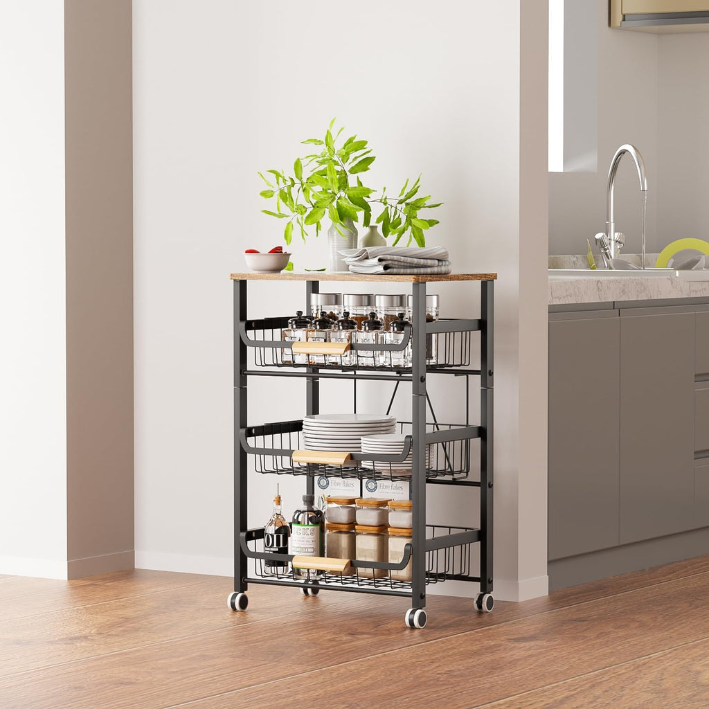 NiuYichee 4-Layer Fruit Basket Kitchen Food Organizer and Rack, Stackable Storage Cart with Desktop, Pull-Out Hollow Metal Basket, Sliding Out Storage (Black 4-Layer Rack)