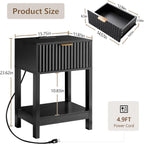 Nasonet Night Stand Set 2, Fluted Nightstand with Charging Station, Wood Bedside Table with Drawer & Storage Shelf, Modern End Tables for Bedroom Sofa Couch Office, Black