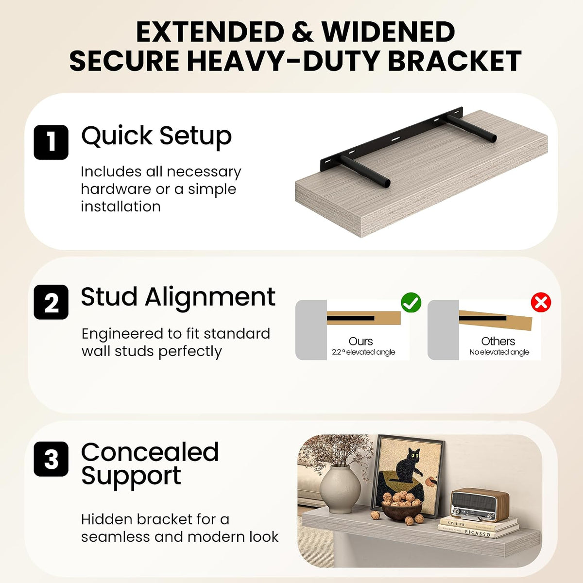 Fun Memories 12" Deep Floating Shelves for Wall, Set of 2, 32 Inch Long Wall Shelves, 2" Thick Storage Display Shelves with Invisible Brackets for Living Room Bedroom Kitchen, Gray
