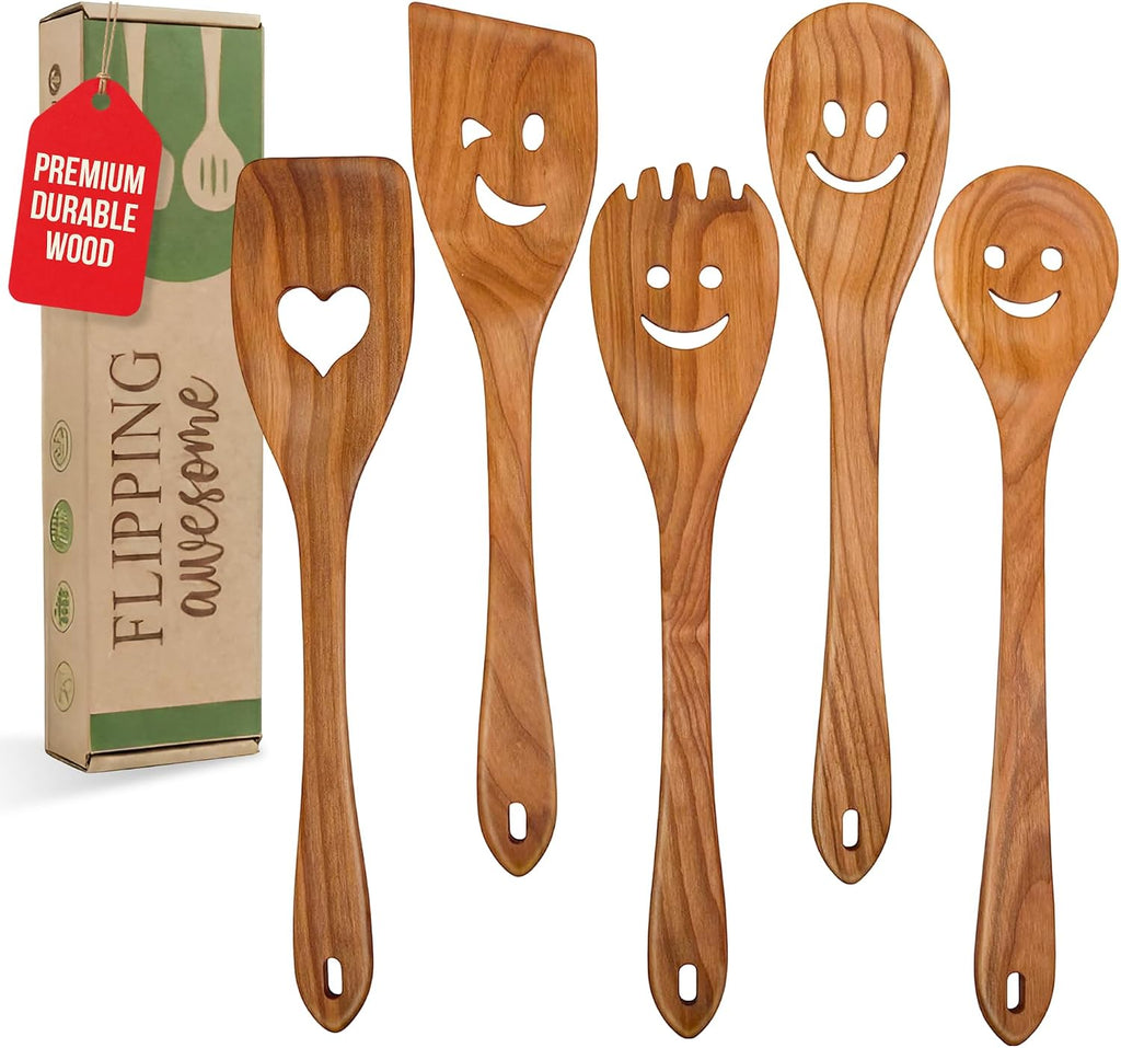 MFC Smiley Face Wooden Spoons for Cooking - 5 Pc Funny Kitchen Gift Set