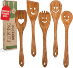 MFC Smiley Face Wooden Spoons for Cooking - 5 Pc Funny Kitchen Gift Set