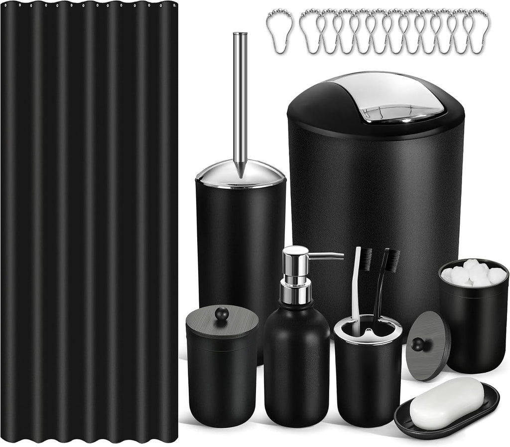 Black Bathroom Accessories Set, 23Pcs Bath Accessory Sets Complete with Bathtub Mat, Shower Curtain Set with Hooks, Soap Dispenser, Toothbrush Holder, Qtip Holder, Trash Can, Toilet Brush