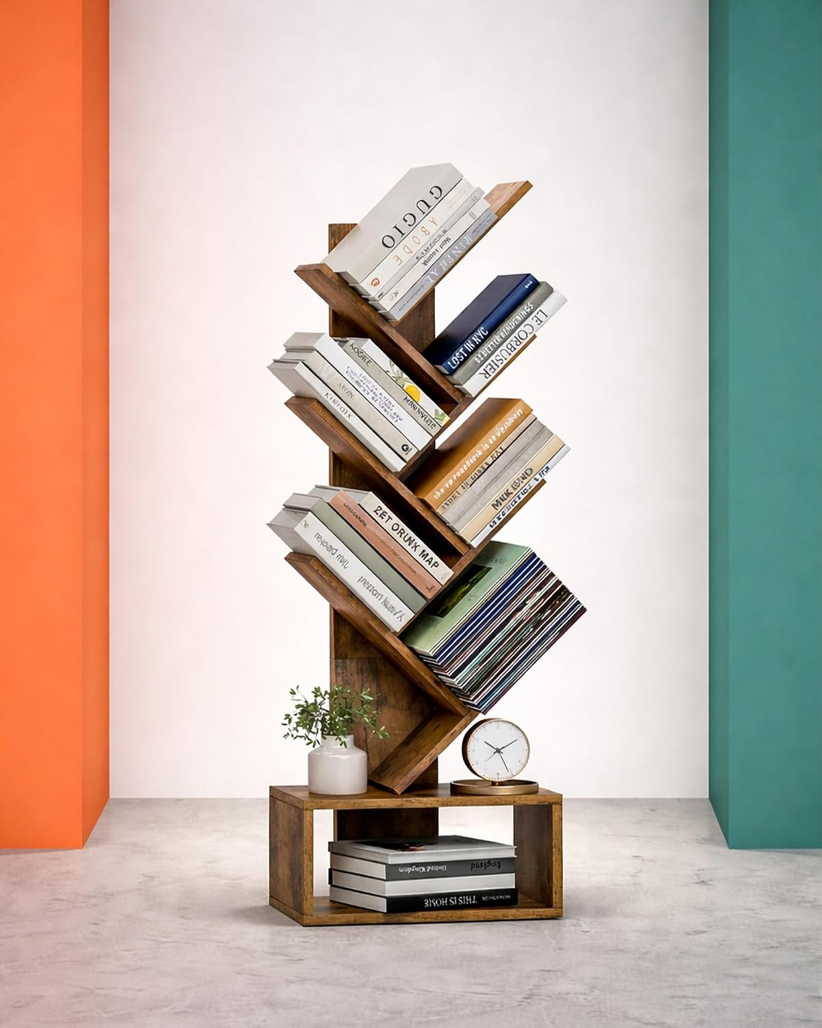 XBurmo 6 Tier Tree Bookshelf with Lights - Small Bookcase, Compact Book Tower with Drawer, Corner Bookshelf for Bedroom, Living Room and Home Office Storage, Black