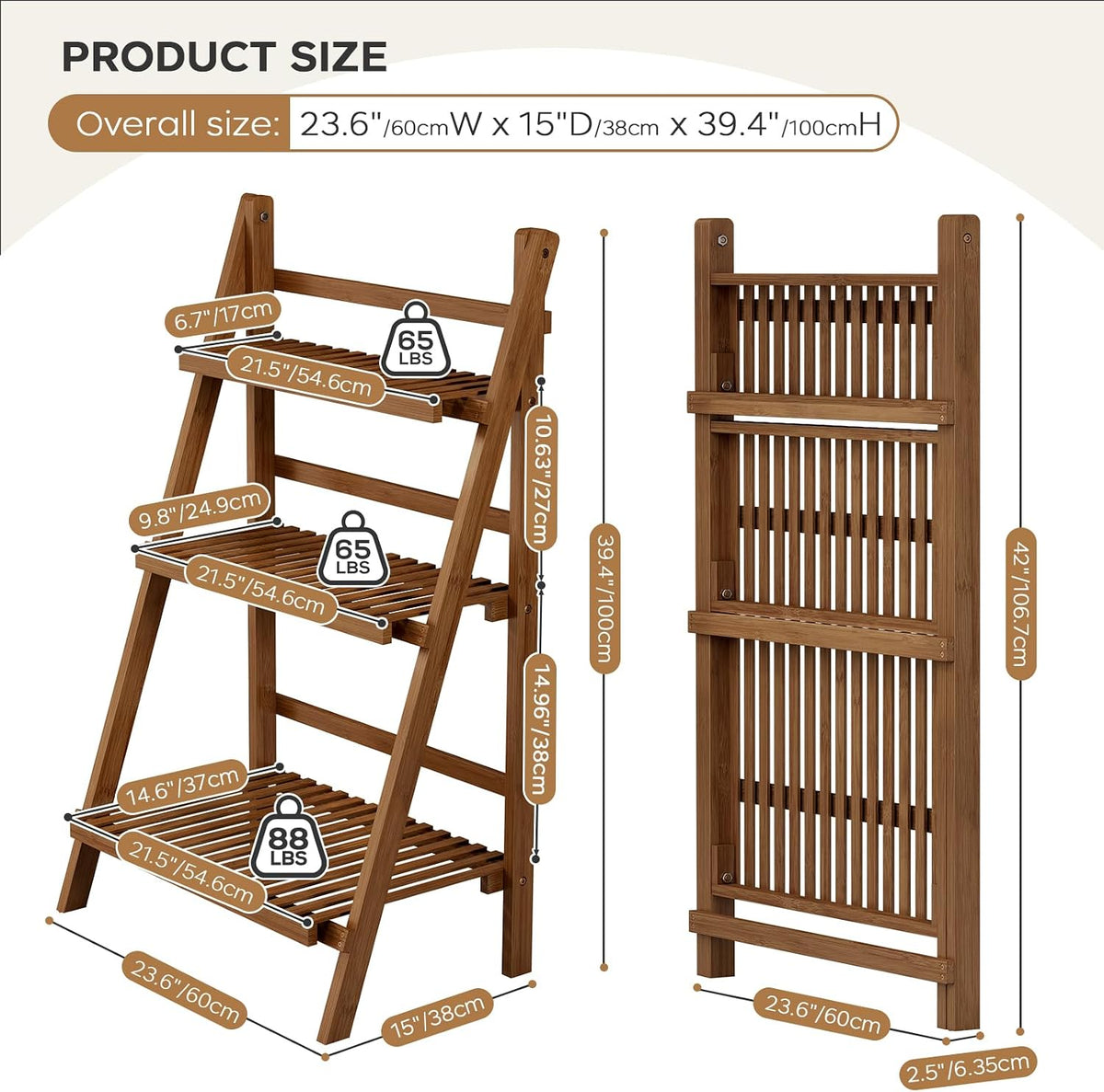 Ladder Shelf, Foldable Plant Shelf Stand, 3-Tier Bamboo Bookshelf, 39.4In