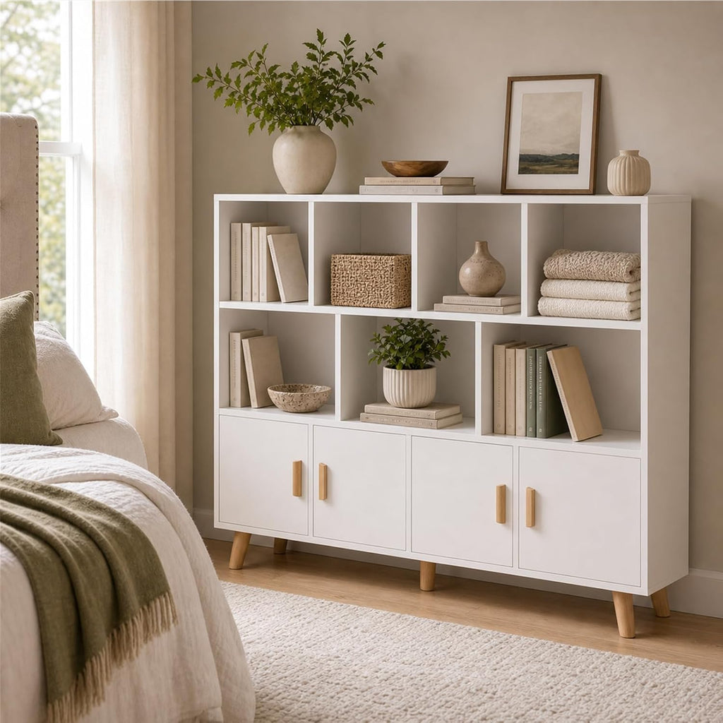 OSCHF 11-Cube Bookcase with Doors, 3-Tier Storage Cabient, Warm White