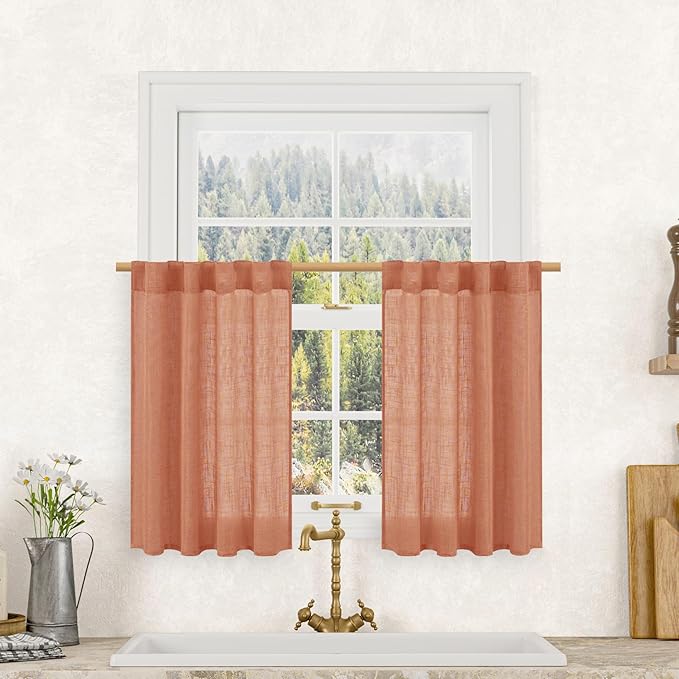 LAMIT 30 Inch Linen Kitchen Curtains, Semi Sheer Light Filtering Window Panels by LAMIT