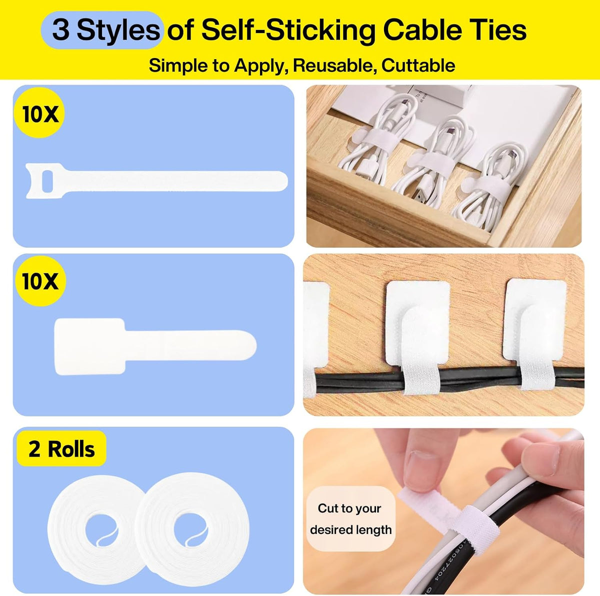 [313Pcs] Cable Management Kit, Reusable Computer Desk Cord Organizer, White