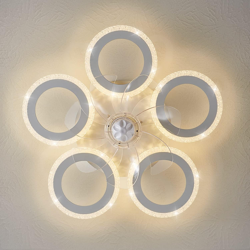 Dalouguan Modern Ceiling Fan with Light, 20" White Personality Geometric 6 Speeds 3 Light Color Low Profile Flush Mount Ceiling Fan for Kitchen Bedroom