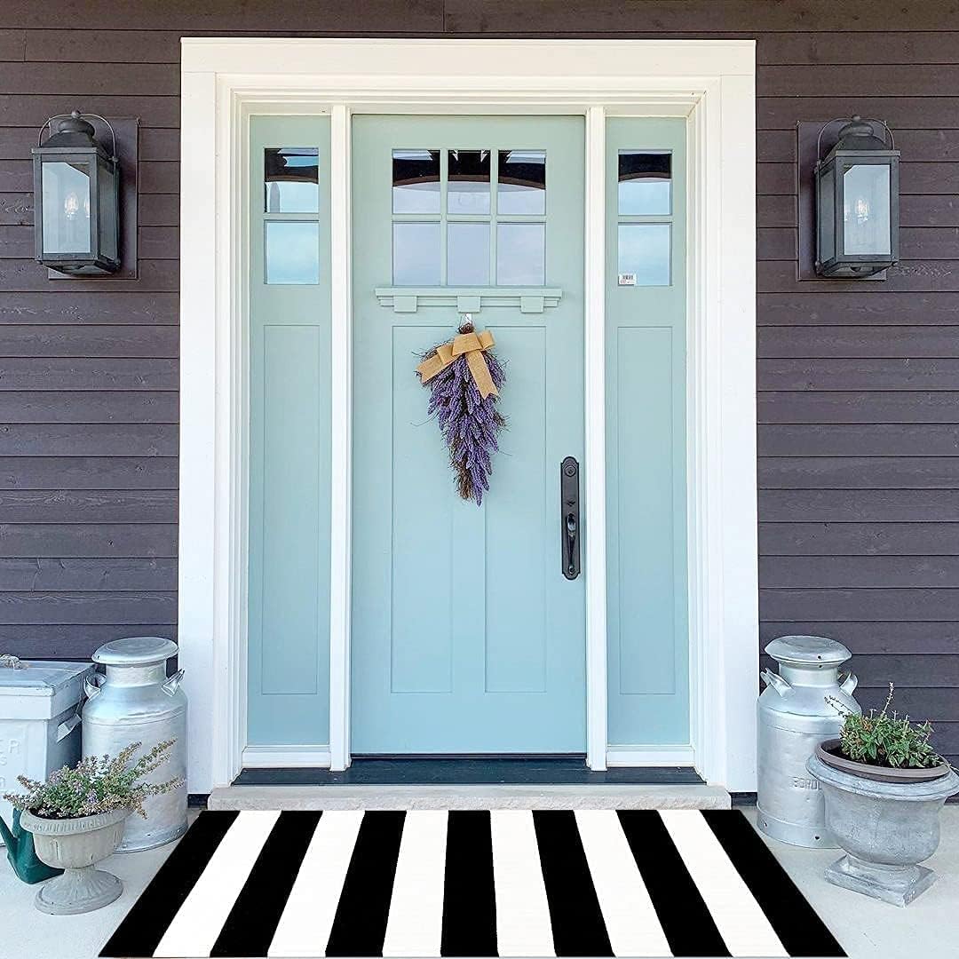 LEEVAN 2x4.3 Small Black and White Striped Layered Woven Outdoor Door Mats