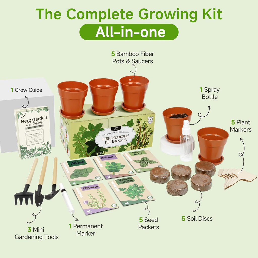 Herb Garden Kit, Indoor Herb Garden Starter Kit with Pots & Herb Seeds, Beautiful Gift Box, Gardening Gift for Women & Mom, Birthday, Christmas & Housewarming