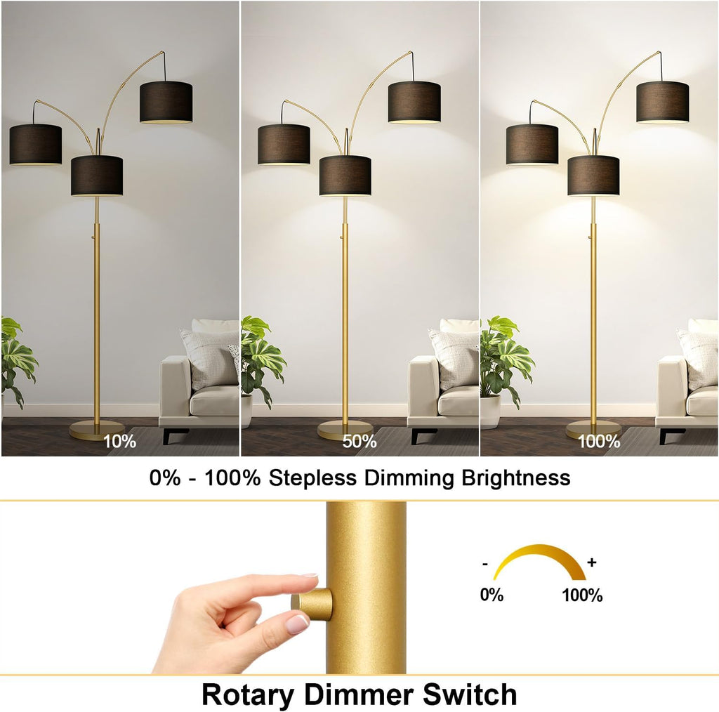 Dimmable Floor Lamp - 3 Lights Gold Arc Floor Lamps for Living Room, 1000LM Modern Tall Standing Lamp With Black Shades&Heavy Base, Mid Century Tree Floor Lamp for Bedroom Office, 3 LED Bulbs Included
