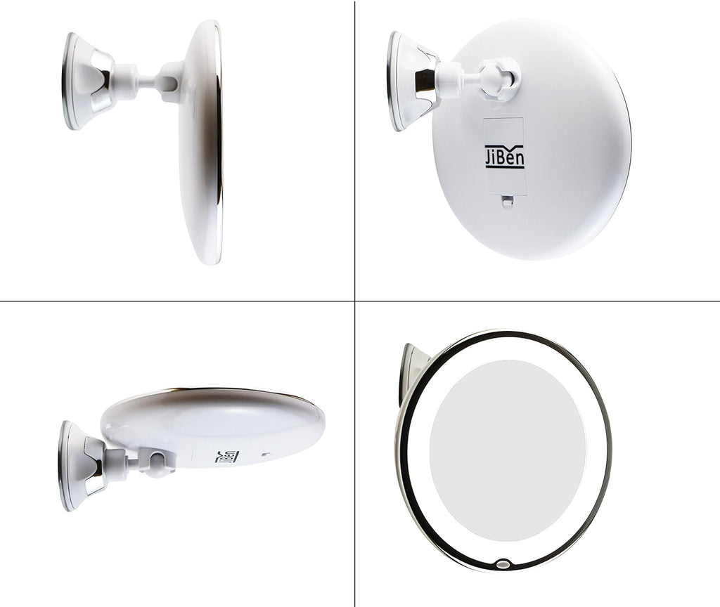 JiBen LED Lighted 10X Magnifying Makeup Mirror with Power Locking Suction Cup, Bright Diffused Light and 360 Degree Rotating Adjustable Arm, Portable Cordless Home and Travel Bathroom Vanity Mirror