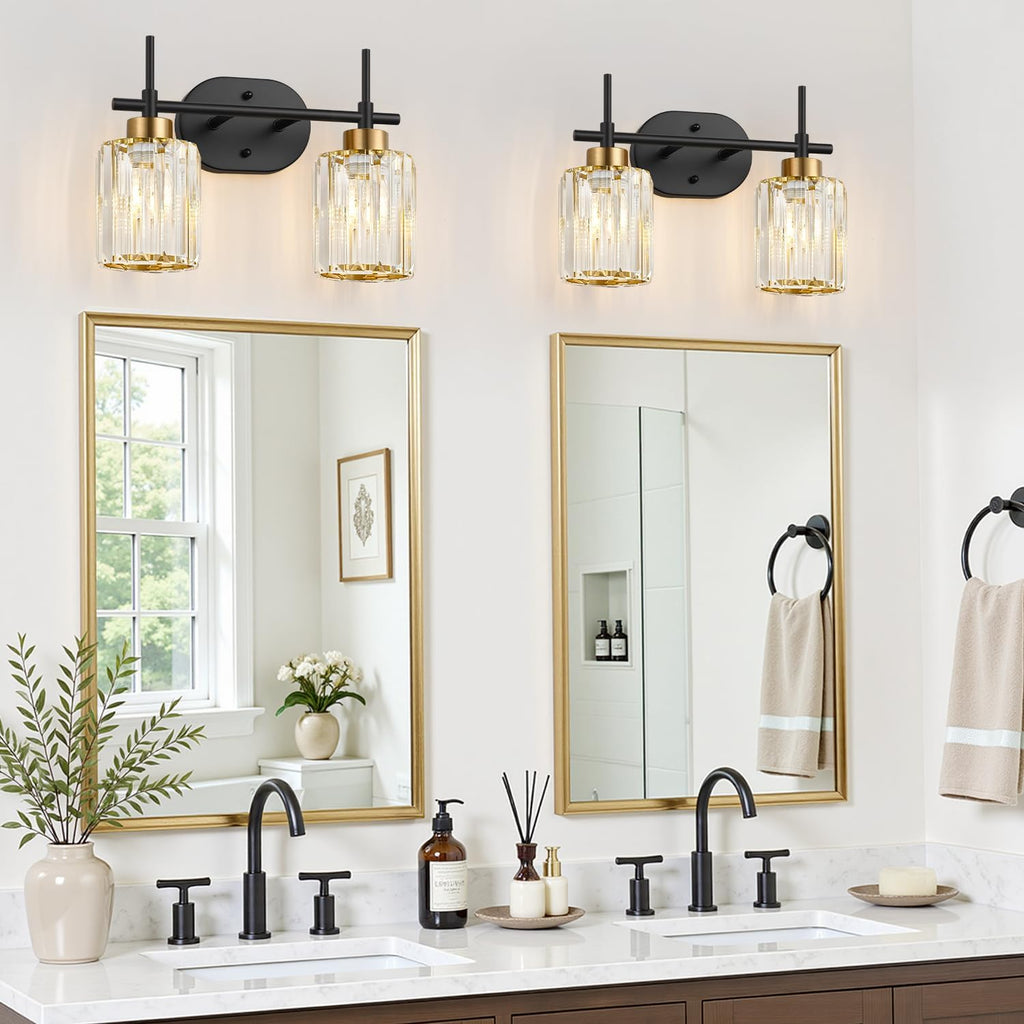 Modern Crystal Bathroom Vanity Light Fixtures, 2-Light Black and Gold Bathroom Wall Sconce Lighting for Over Mirror, Clear K9 Crystal Shades, E26 Base, Bulbs Not Included