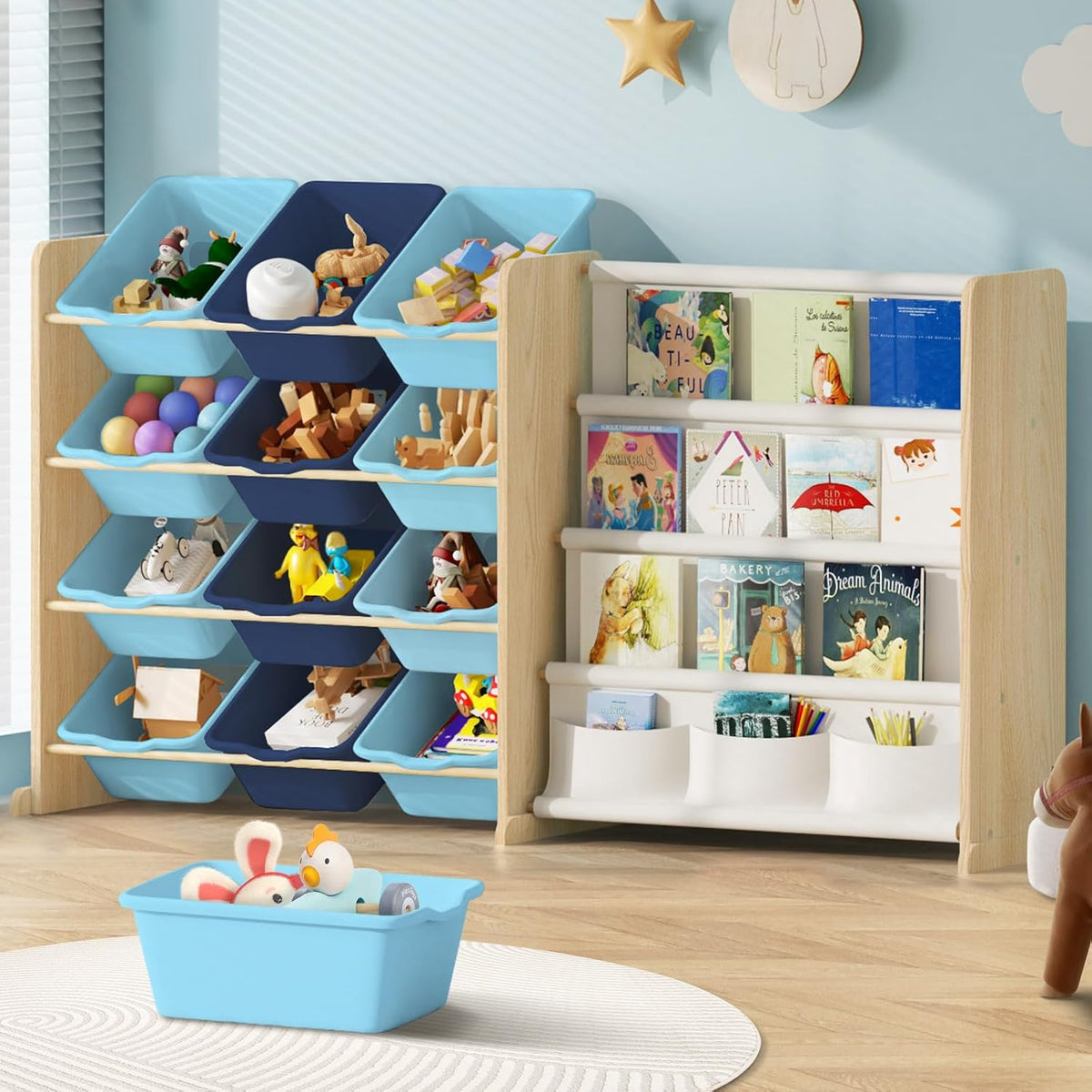 Kids Toy Storage Organizer with Bookshelf - 12 Multi-Color Bins and 4 Book Shelves, Organizers and Storage for Playroom, Nursery, Room, Burlywood