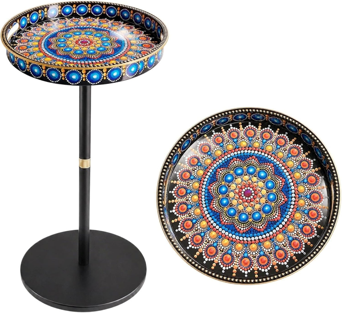 Gesodant Boho Single Leg Round Side Table with Tray Top, Pedestal Drink Table for Small Spaces, Aesthetic Accent Nightstand for Living Room, Bedroom, Corners, and Office (Peacock)