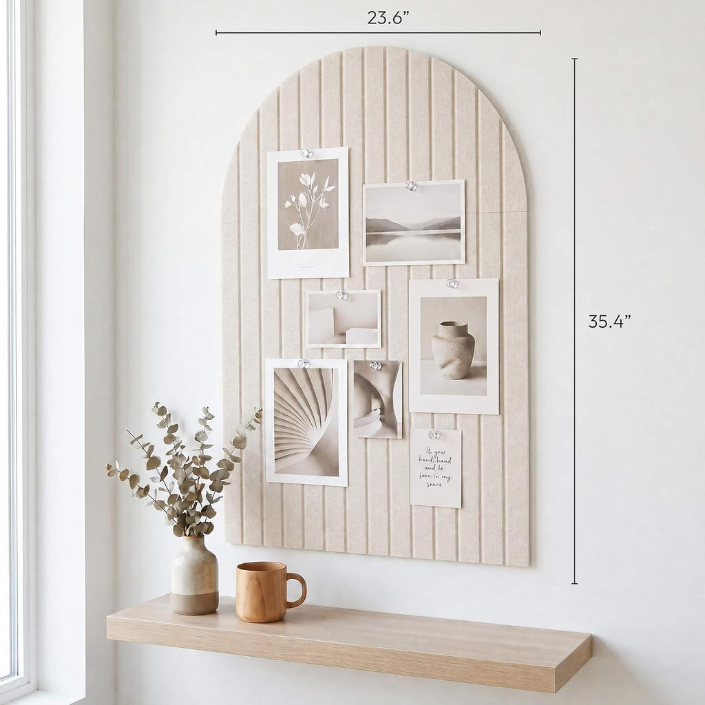 Large Arched Felt Bulletin Board, 35x24 Inch, with 6 Customizable Adhesive Tiles and Pins, for Office Wall Decor, Photo Display (Beige, Arched - 35 x 24 Inches)