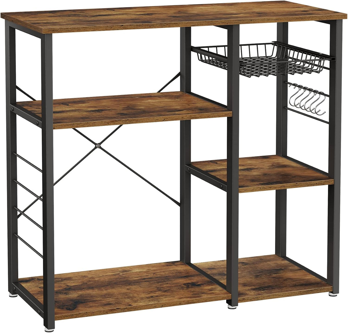 VASAGLE Kitchen Baker’s Rack, Steel Frame, Wire Basket, 6 Hooks