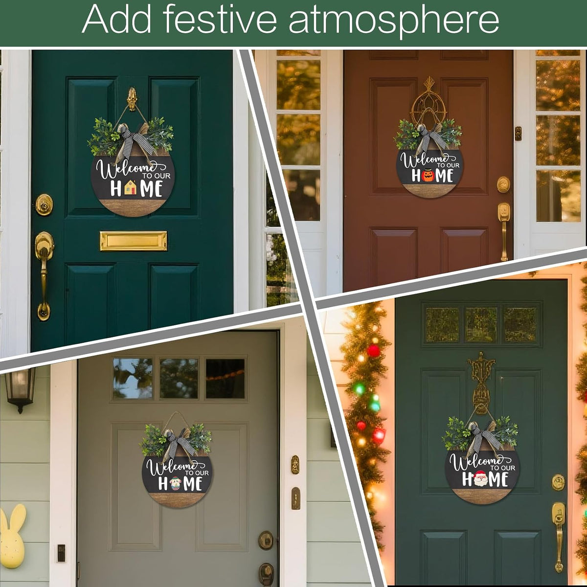 Interchangeable Seasonal Round Wood WELCOME TO OUR HOME Sign for Front Door,Rustic Hanging Wood Wreaths Sign,Farmhouse Porch Fence Welcome Wreaths Decorations.(12inch)