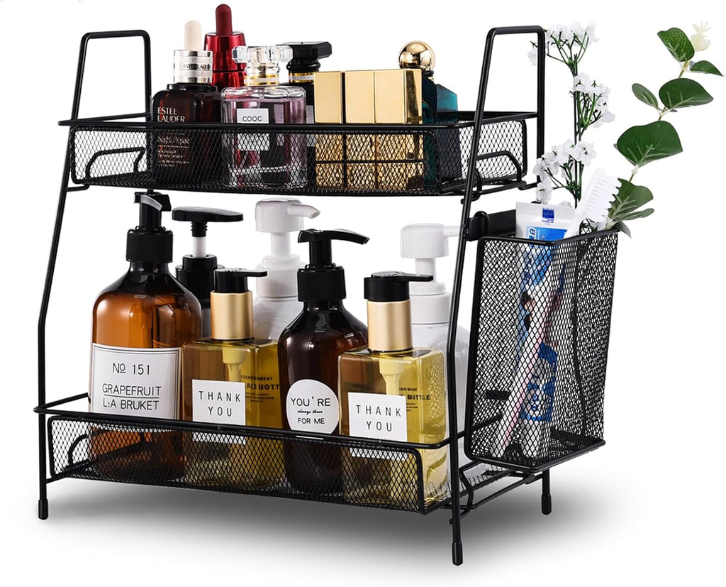 2-Tier Bathroom Countertop Organizer,Skincare, Makeup Countertop Organizers, Kitchen, Bathroom Counter Storage with Small Basket (Black)