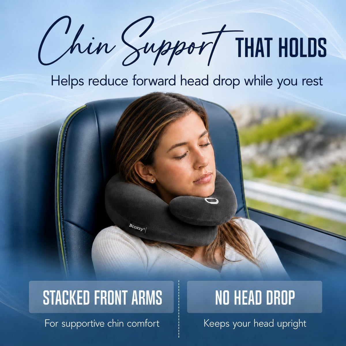 BCOZZY Travel Neck Pillow, Head & Chin Support, Large Flat Back Gray