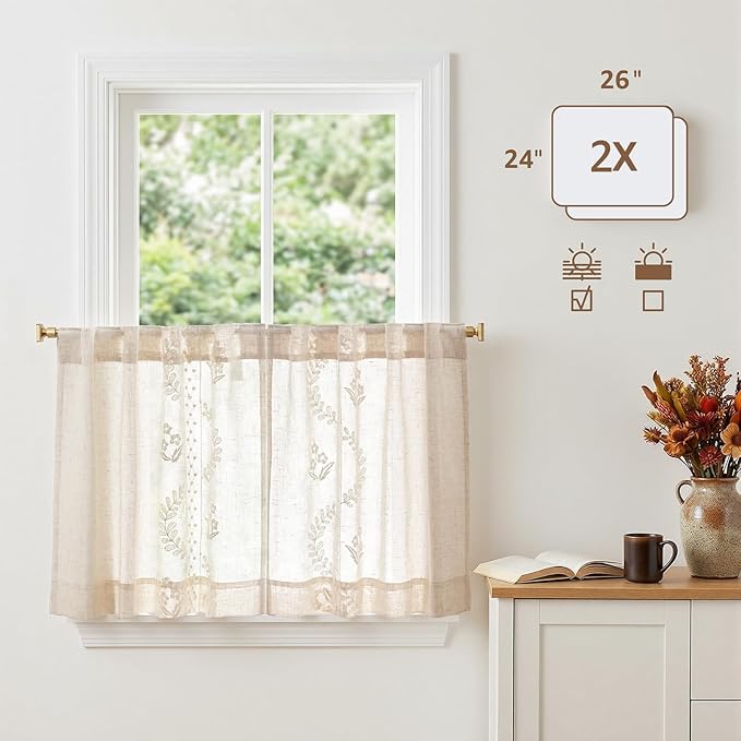 jinchan Belrose Linen Floral Kitchen Curtains 24 inch Length Embroidered - Image 5