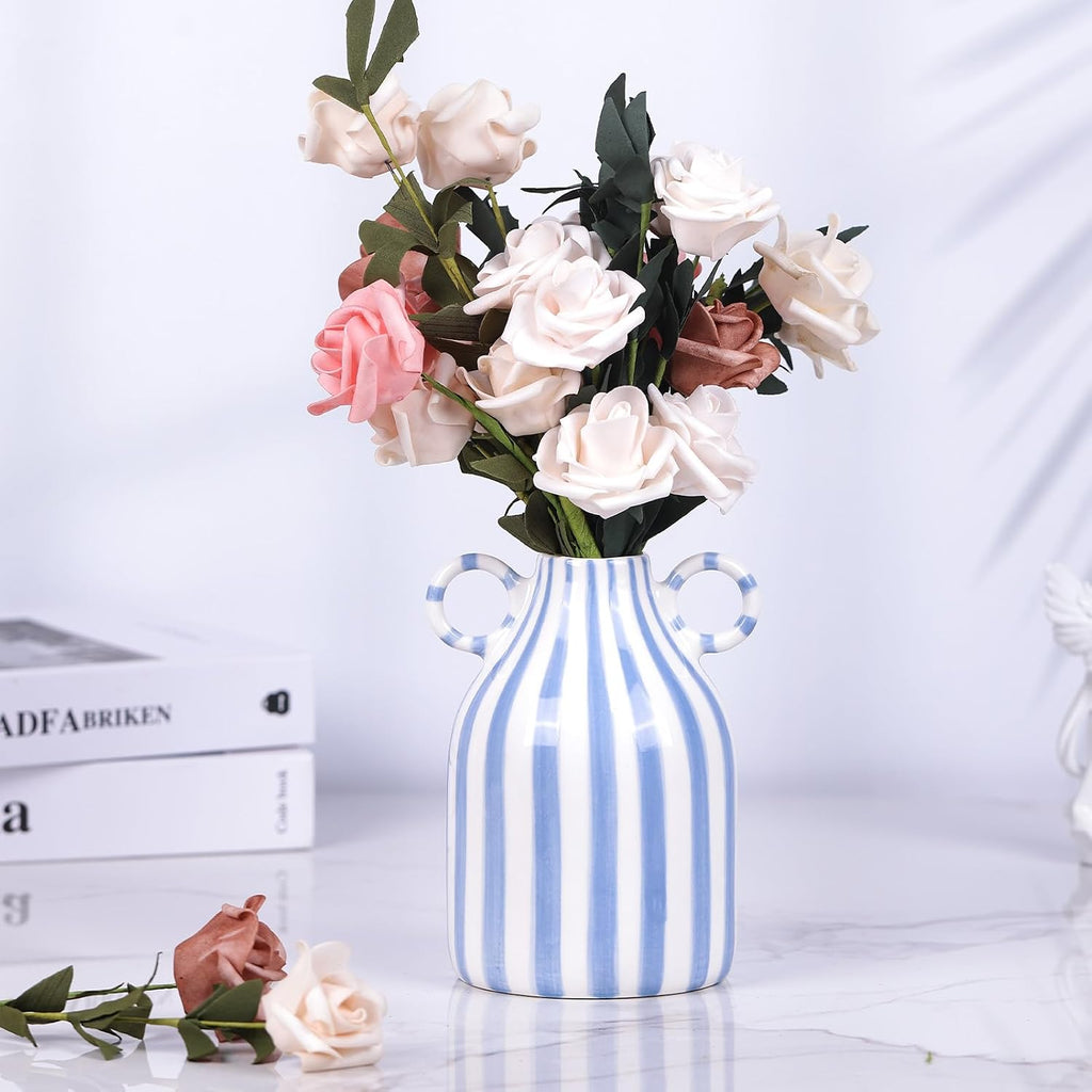 Ceramic Blue and White Striped Vase with Handle, Modern Minimalist Coastal Decor Home for Centerpieces for Tables, Kitchen Office, Bookshelf, Bedroom Aesthetic Decor (A)