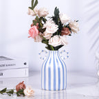 Ceramic Blue and White Striped Vase with Handle, Modern Minimalist Coastal Decor Home for Centerpieces for Tables, Kitchen Office, Bookshelf, Bedroom Aesthetic Decor (A)