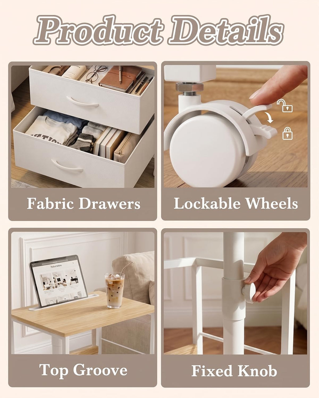 Faesun Night Stand with Charging Station & Swivel Top, Oak White