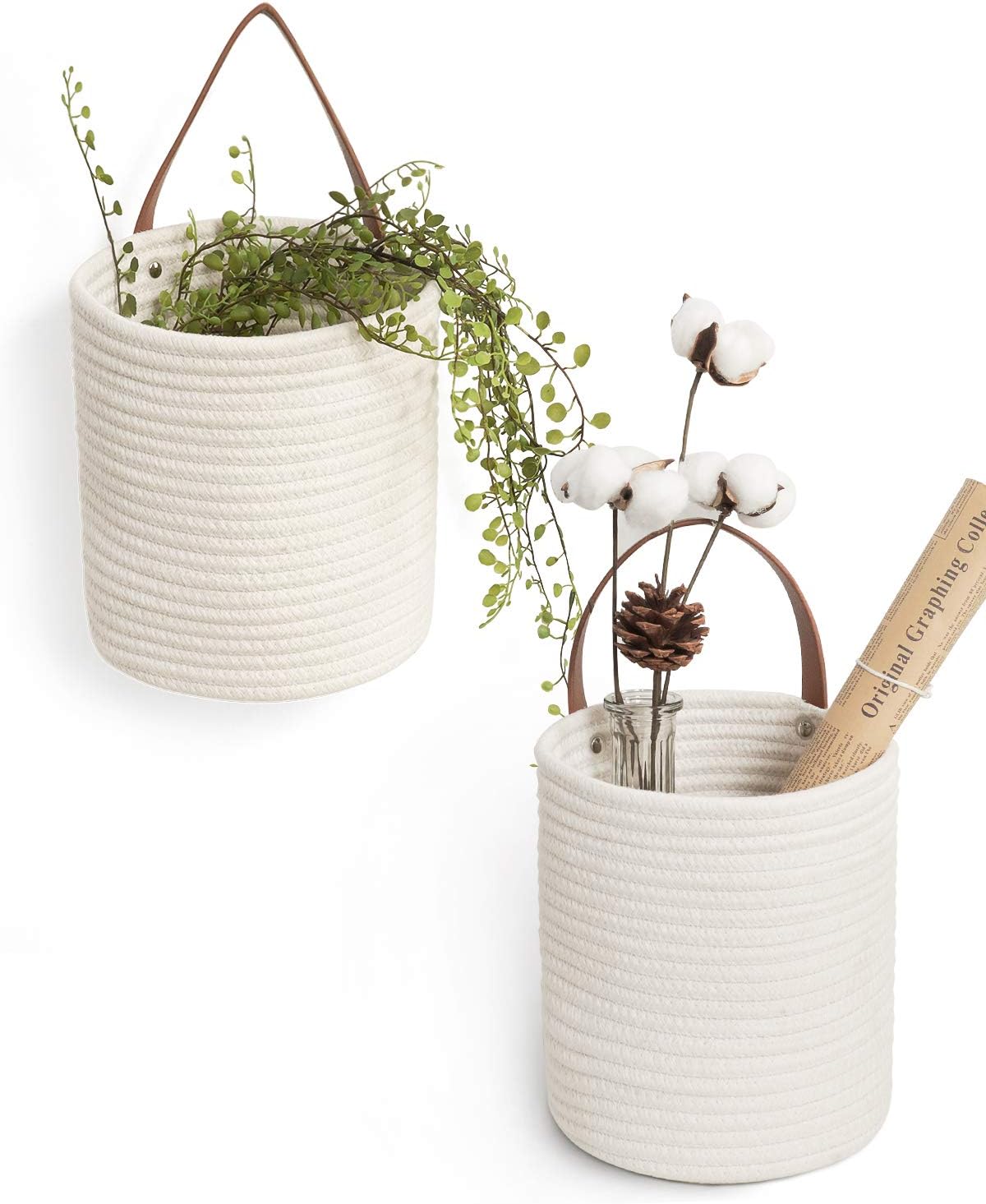 Goodpick 2 Pack Cotton Rope Wall Hanging Baskets for Home Decor