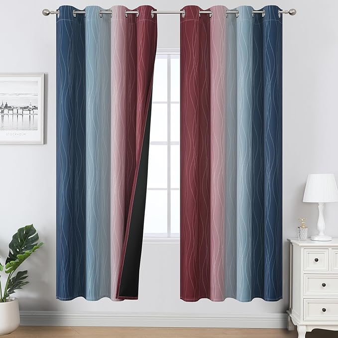 Estelar Textiler Navy Blue and Burgundy Red Ombre Blackout Curtains by ESTELARTEXTILER