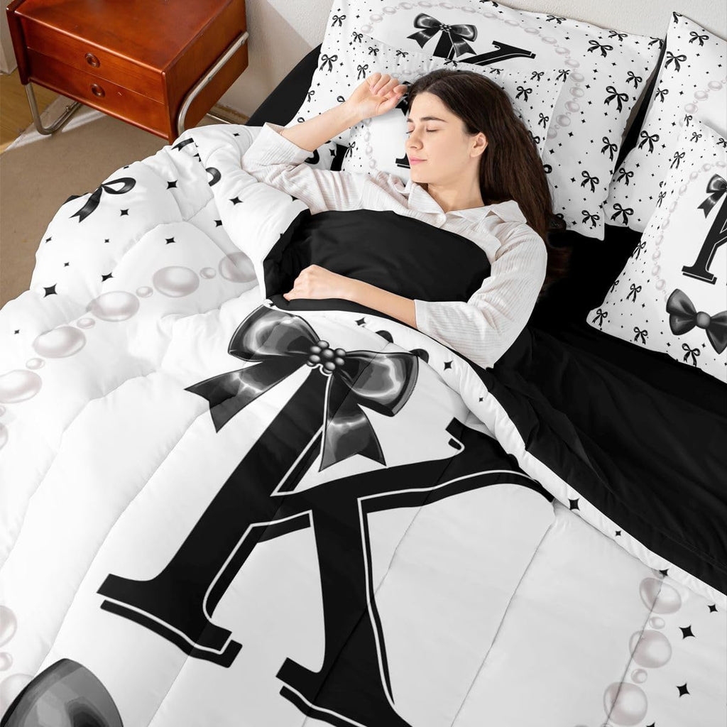 Erosebridal Black Bow Initial K Twin Bedding Set with Sheets - Coquette Ribbon Bows Comforter Set 7 Piece for Girls Kids, Black and White Bow Tie Fitted Flat Sheet, Personalized Bowknot Bed in a Bag
