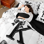 Erosebridal Black Bow Initial K Twin Bedding Set with Sheets - Coquette Ribbon Bows Comforter Set 7 Piece for Girls Kids, Black and White Bow Tie Fitted Flat Sheet, Personalized Bowknot Bed in a Bag