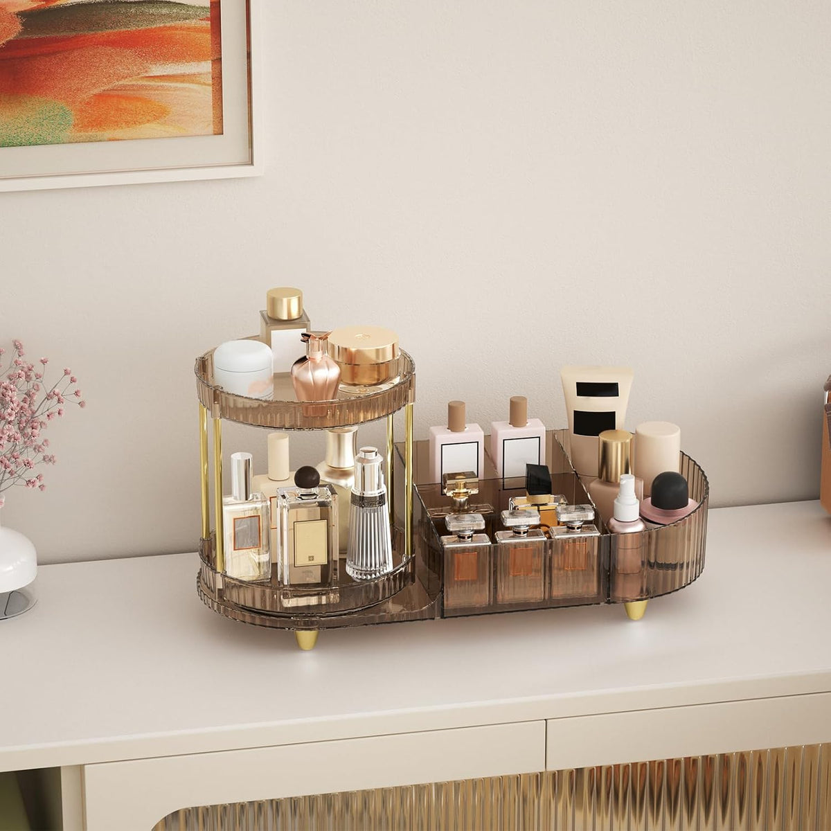 Makeup Organizer Countertop with 2 Rotating Perfume Trays, 5-Compartment Vanity Skincare Organizers, Make Up Desk Organization and Storage with Cosmetic Brush Holder for Bedroom Bathroom Counter
